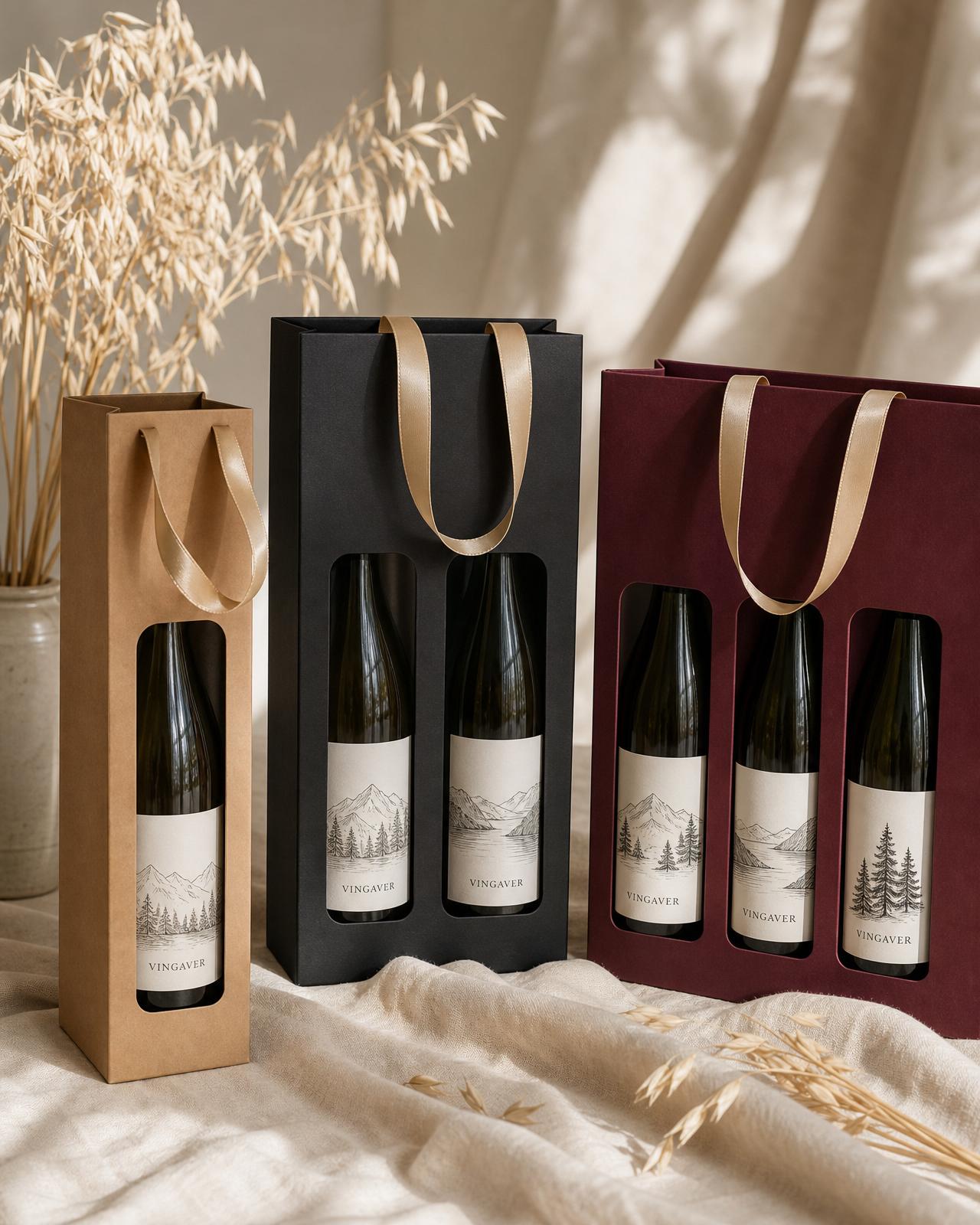Elegante vinposer med vindu til gaveemballasje